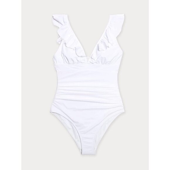Women's White Ruffled One Piece Swimsuit V Neck Lace Up - Picture 3 of 5
